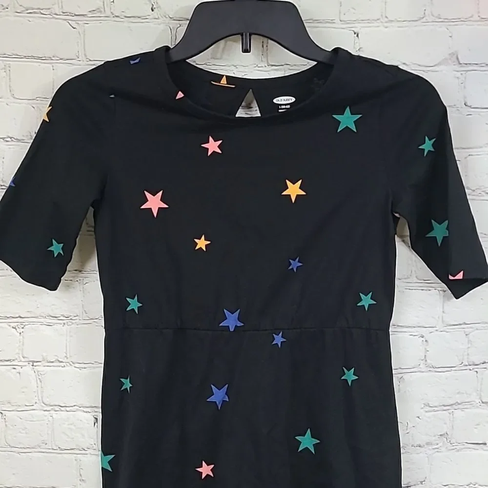 Old Navy Star Print Dress Girls Large 10/12 Black Skater Fit & Flare Casual Cool